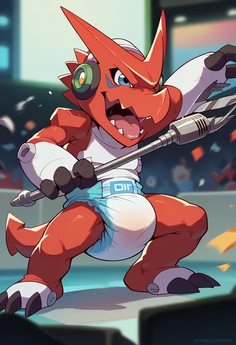 score_9, score_8_up, score_7_up, score_6_up, source_furry, solo, dof, full-length portrait, blurred background,  shoutmon, digimon (creature), thick diaper, mic stand, cinematic, motion blur, shouting, sound waves, blowing debris in background,