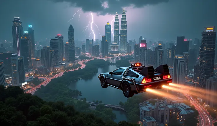 A hyper-realistic, ultra-detailed scene of a flying DeLorean from "Back to the Future" soaring toward a futuristic cyberpunk Kuala Lumpur in the year 3010. The city is illuminated with neon lights, and the iconic Petronas Twin Towers stand tall amidst towe...