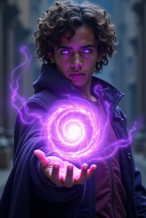 a curly-haired young man releasing a purple energy ball and his eyes shining at a high intensity in younger purple and white skin 