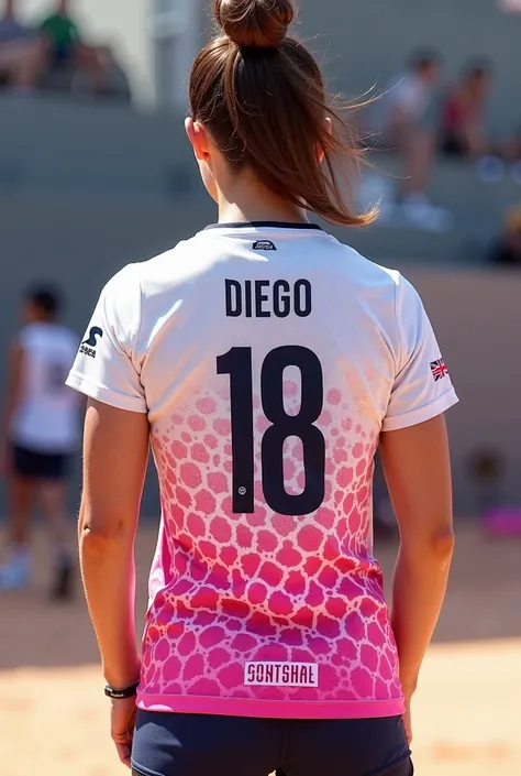 A women's volleyball shirt in white and pink, half of it is pink and is blurred with dots that have several sponsor logos that the number is 18 and the name is Diego 