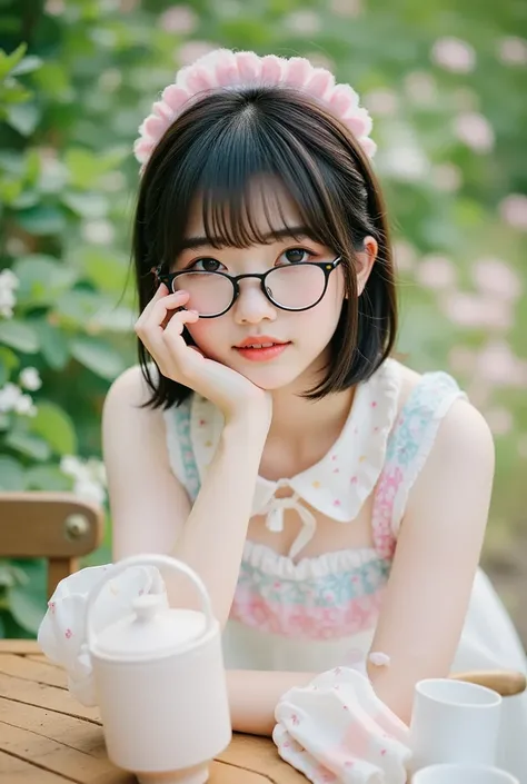 masterpiece, best quality, Cinematic photo, a 18-year-old Japanese woman (short black straight hair, bangs reaching to eyebrows, boyish, with ears sticking out, Brown eyes), Complete Anatomy, Complete Hands, wearing glasses, Lolita fashion with frills, spr...