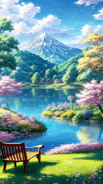 painting of 1bench in a garden with a lake in the background, Beautiful peaceful anime scene, a , hermoso anime landscape, nature of anime,  detailed landscape, fondo de pantalla de anime landscape, fondo de pantalla de nature of anime, arte de anime backg...