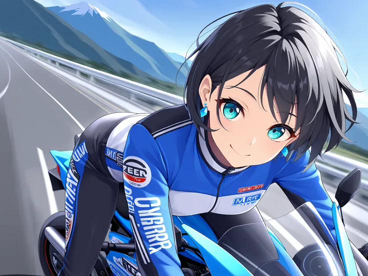 One girl, solo, short hair, blue eyes, black hair, aqua eyes, smiling, leaning forward, looking at camera, close up on face, mouth closed, beautiful girl, One beautiful woman on a motorcycle tuned to YAMAHA YZF-R1M, Ultra Wide Angle, anime mature, riding a...