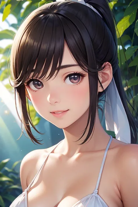 Takane Manaka, shiny brown long hair, ponytail with white ribbon, beautiful brown eyes, smiling face, sparkling pupils, (fine grain), highly detailed eyes, highly detailed face, highly detailed eyes,, (masterpiece:1.2, best quality), 1 girl, cowboy shot,, ...