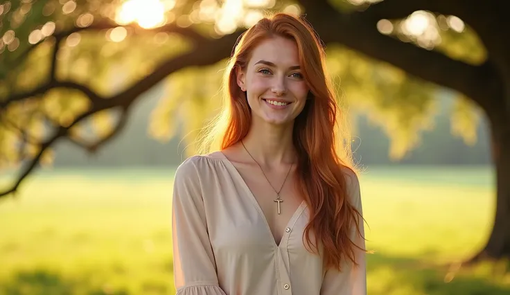 (photorealism:1.2), "A young woman with long, wavy auburn hair stands under a tree with delicate branches, softly lit by natural daylight. She wears a flowing, light-colored blouse that complements the serene, pastoral setting. Her gentle smile and calm ex...