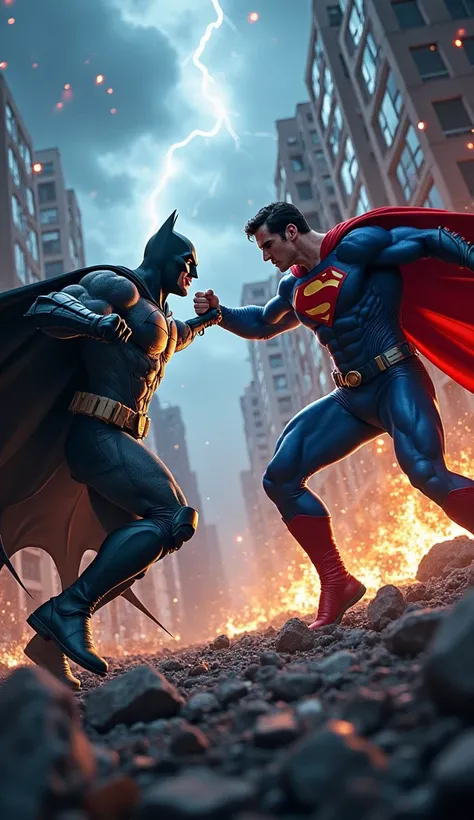 a dynamic and vibrant image depicting an epic battle between Batman and Superman. In the center of the scene, Batman, with his dark and detailed outfit, is in an aggressive fighting pose, using your fighting skills and gadgets. Superman, with his iconic bl...