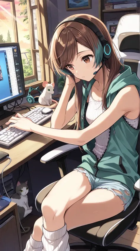  (Masterpiece, best quality), intricate details, JK,, close up, focused expression, (brown eyes), long sidelocks, very long brown hair with teal highlights, gaming headset, sitting on chair in front of computer desk, gaming chair, hands on keyboard, pc, wi...