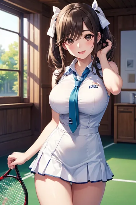 Takane Manaka, shiny brown long hair, ponytail with white ribbon, beautiful brown eyes, smiling face, sparkling pupils, (fine grain), highly detailed eyes, highly detailed face, highly detailed eyes,, (masterpiece:1.2, best quality), 1 girl, cowboy shot,, ...