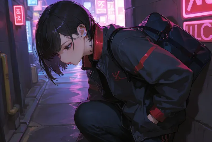 masterpiece, best quality, 1man, uniform, hand in pocket, school bag, black hair, black eyes, mole under eye, cyberpunk, street