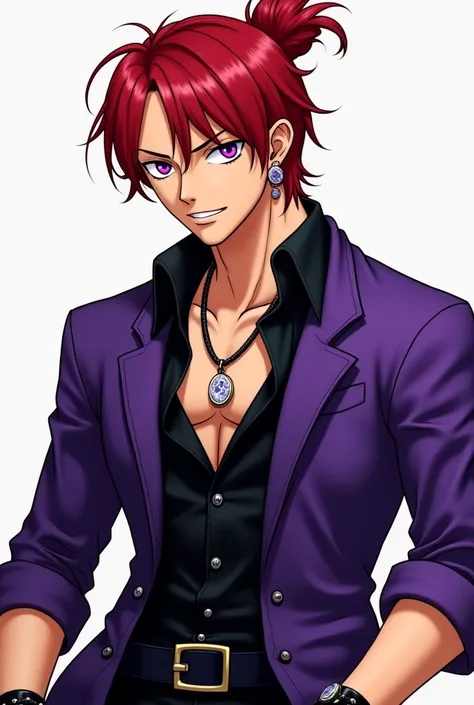 Aquí tienes un prompt detallado para usar en secarte.ai, con el estilo de One Piece:

"A 24-year-old man with tanned skin, wearing black and purple clothing, resembling the anime style of One Piece. He has ruby red earrings in his ears, an amethyst ring on...