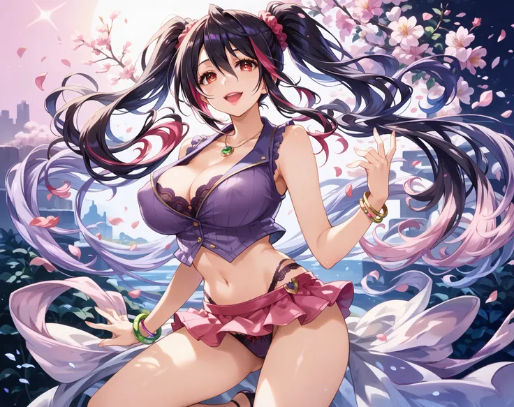 a beautiful girl ,lucy heartfilia ,detailed eyes,((big breasts:1.3)), twin tails hair,multicolored hair,black  hair with red tips, scrunchie, Lipstick, gal, Gal, Compensate, jewelry,  covered nipple,sleeveless,croptop with cleavage,neckline,pink mini skirt...