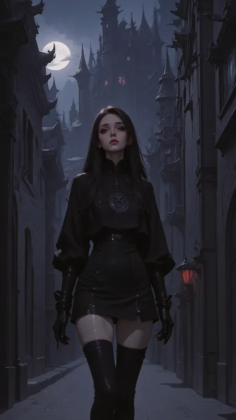 (Emmy Rossum:Evangeline Lilly) An ultra detailed, a beautiful goth girl with long straight hair in a short black dress is walking through a gothic city, moonlight, gothic fashion, dark fantasy style, hyper realistic, realism, digital art, cinematic, perfec...