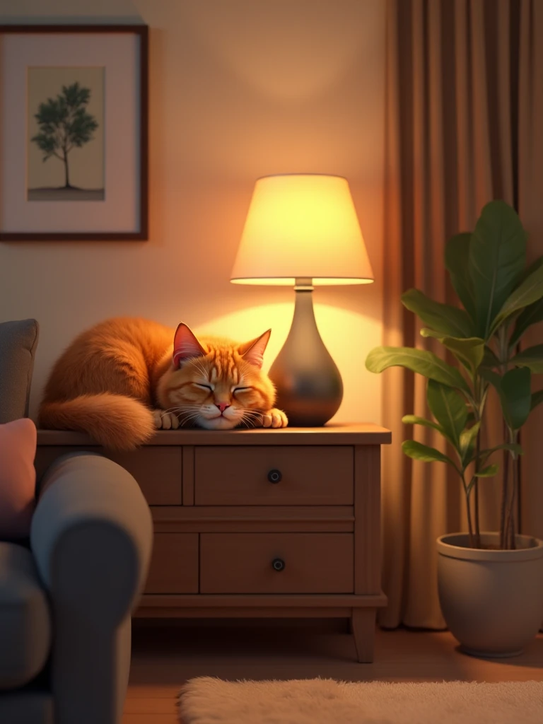 The fluffy red cat in the room is sleeping on the dresser, it is illuminated by a lamp on the wall in the modern living room in shades of brown and beige