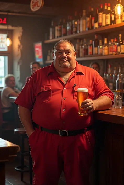 Make a man with obesity, This man must be wearing red clothes, He must be inside a bar drinking beer,  ultra realistic photo ,  8k quality, fullhd