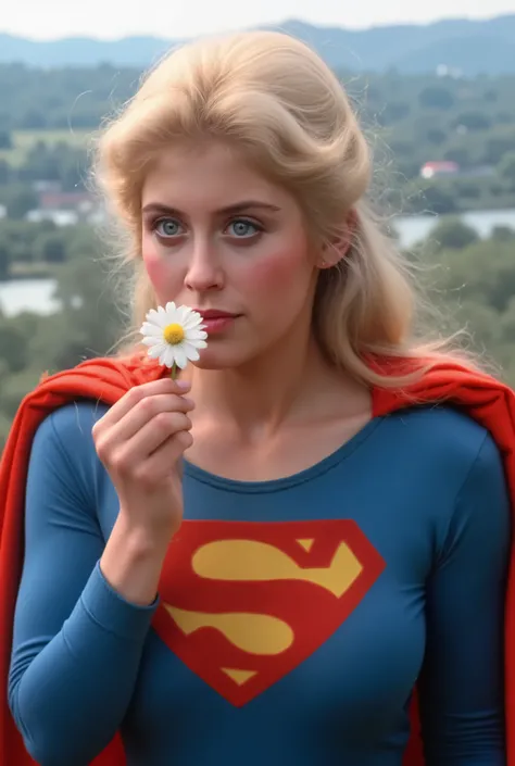 GRACEFULLY SOARING HIGH ABOVE THE CITY HOLDING A FLOWER UP TO HER NOSE AND SMELLING IT. HELEN SLATER. BLUE EYES BLONDE HAIR (SUPERGIRL) A VERY SEXY HELEN SLATER AS SUPERGIRL WITH BLUE EYES AND LONG HAIR, WEARING A SUPERGIRL COSTUME AND CAPE. RICH 4K COLORS...
