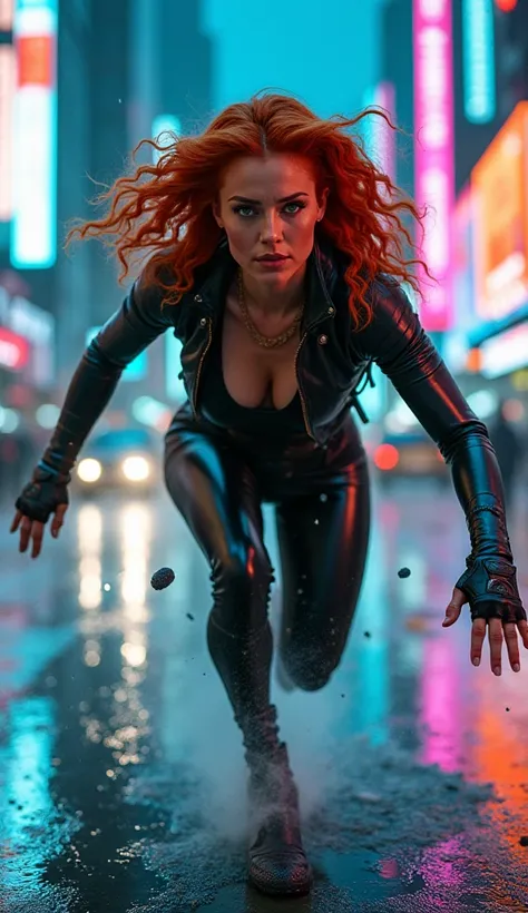 A striking, voluptuous woman with fiery red curls and piercing green eyes, set in a neon-drenched cyberpunk metropolis. She's in mid-motion, bursting dynamically out of the frame as if sprinting to grab an object just beyond the screen. Her face is sharply...