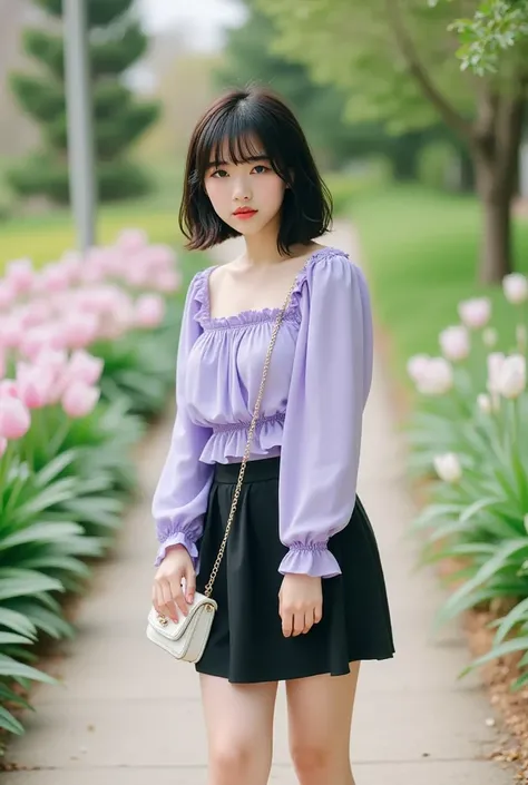 masterpiece, best quality, Cinematic photo, a 18-year-old Japanese woman (short black straight hair, bangs reaching to eyebrows, boyish, with ears sticking out, Brown eyes), Complete Anatomy, Complete Hands, wearing a light purple frilled bisque shirt laye...