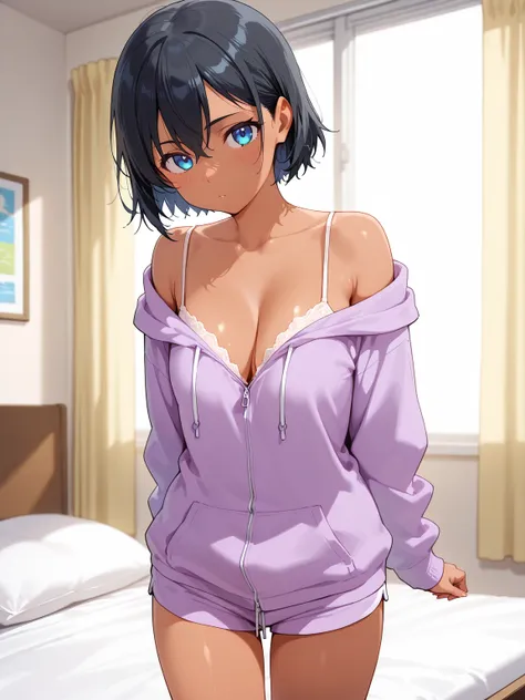 (masterpiece:1.2) , (best quality:1.2) , (ultra-detailed:1.2),  absurdres, very aesthetic, intricate,vibrant, Perfect detail,newest, ray tracing,1loli, large_breasts,  short hair, blue eyes, black hair, tan female, loungewear , rating_explicit, (detailed b...