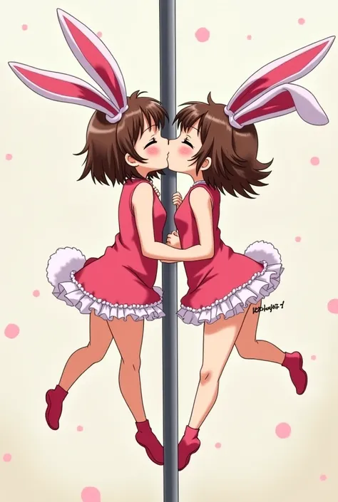 Two little  girls, anime, dressed as a sexy tight bunny, dancing on a pole,  kissing, maximum quality.