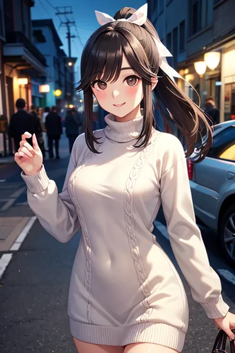 Takane Manaka, shiny brown long hair, ponytail with white ribbon, beautiful brown eyes, smiling face, sparkling pupils, (fine grain), highly detailed eyes, highly detailed face, highly detailed eyes,, (masterpiece:1.2, best quality), 1 girl, cowboy shot,, ...