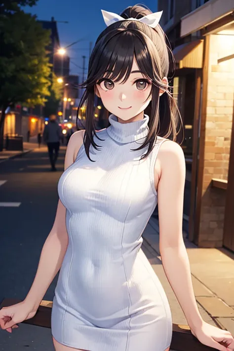 Takane Manaka, shiny brown long hair, ponytail with white ribbon, beautiful brown eyes, smiling face, sparkling pupils, (fine grain), highly detailed eyes, highly detailed face, highly detailed eyes,, (masterpiece:1.2, best quality), 1 girl, cowboy shot,, ...