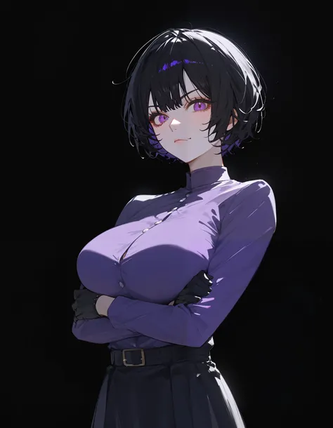 girl, black hair, short hair ,Cool hair Bob , in purple eyes,thinบาง,thinเพรียว, big breasts,Purple black dress ,Long black skirt,Fabric skirt ,clothes,,Fierce face,Sharp eyes, black background ,beautiful, , long-sleeved shirt ,teacher,girlแมงมุม,Fierce fa...