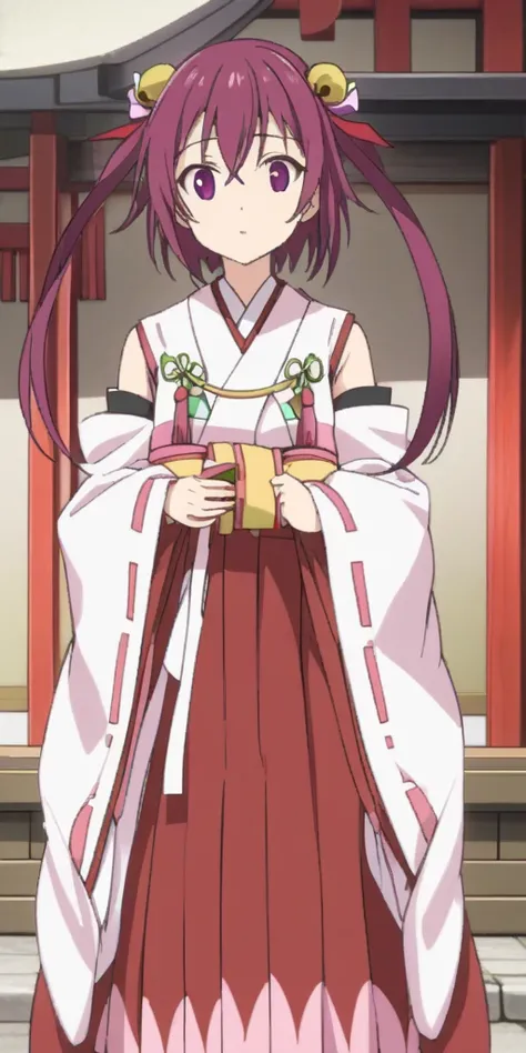 oomiyanome no kami  ,  long hair,   hair ornament ,  twin tails, (  purple eyes:1.1),  purple hair, Bell, hair Bell,
 skirt by humili,  detachable sleeves,  kimono,  necklace,  Shrine maiden, correct, 赤と白のShrine maiden衣装、 Red and white hakama  、