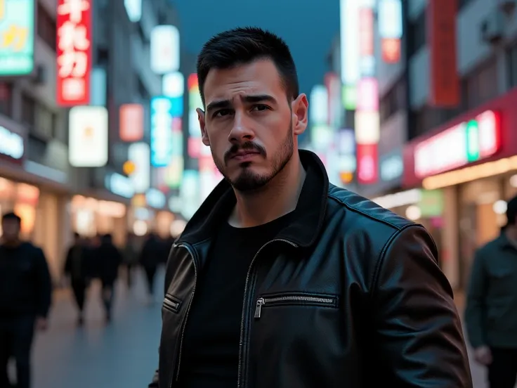 A handsome man,  brown,  Atlético,  with short hair and beard .  Leather jacket and black ring on the finger.  Walk the streets of Tokyo .  Ultra-realistic. Neon lights . 