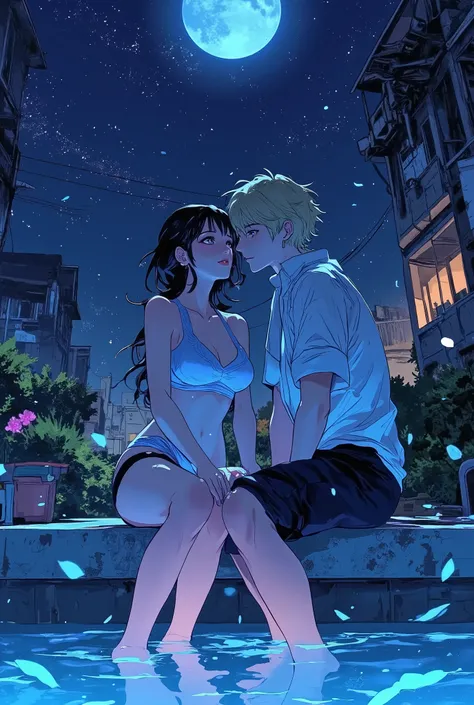 1boy 1girl,A male-female couple sitting together by the pool.  perfect anatomy、Men and women illuminated by gentle light, illuminated from below、Man and woman illuminated by gentle light,They have their feet in the pool. Moonlight spotlight. They have clos...