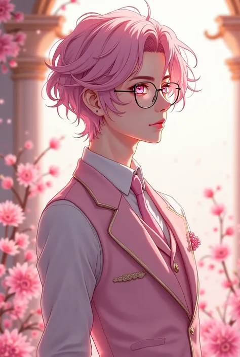 A quiet anime guy with very light pink eyes wears glasses with long light pink hair and wears it on one side  . He also wears all the pink fantasy clothes represented in a luxurious school suit
