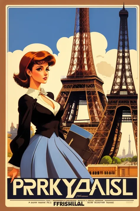 Paris france, vintage travel post, graphic style, an beautiful executive woman standing near Eiffel tower, colorful, in the style of frank frazetta, retro desing colorful travel poster, no text, has the words “PARIS” in French-like characters, 80s