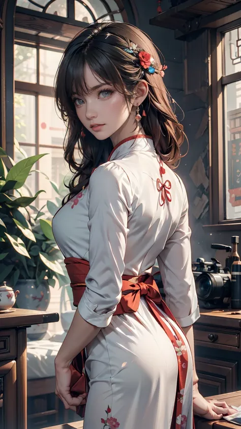  1 GIRL.Alone,Hanfu,  Chinese clothes (Just pull the Qipao cheongpao ) ,(Back side:1.2), photos,  Masterpiece,  photorealism, top quality, 録画中の超 Hi-Res ,  RAW Photo ,  photos撮影,  professional with Canon 5D MK4,  Amazing Details ,  colorful,  surrealism,  M...