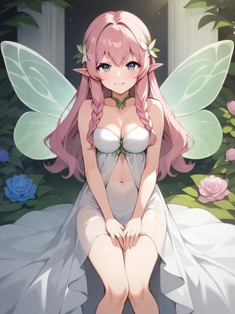  score_9,  score_8_ up the side,  score_7_ up the side, zPDXL3, ,Anime，nsfw，  uncensored，  A young and beautiful fairy with a smile , Flowing,  metallic pink hair that reaches the knee ,  hair braided in many parts .  fairies have whitish pink skin and 「’」...