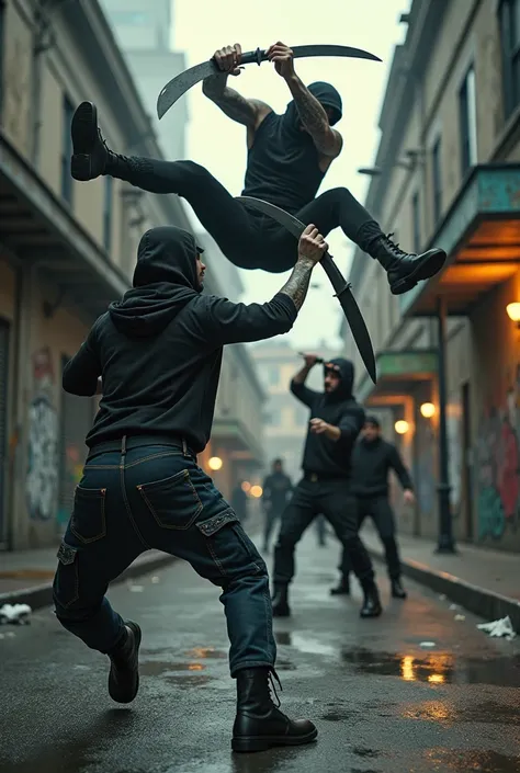 Street gangsters who perform acrobatics with butterfly knives