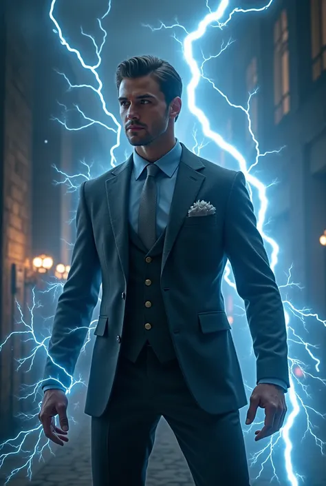 Handsome man dressed in an elegant gray suit with blue shirt and gray tie casting lightning magic 