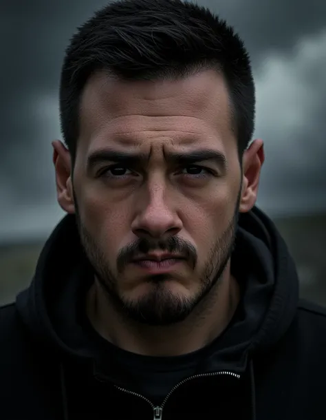   Close-up portrait of a man  , tense expression, stormy weather background ,  dramatic lighting ,  reminiscent of the work of Ansel Adams