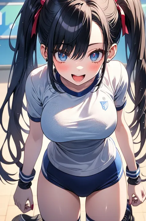 A beautiful girl in a gym uniform getting ready to do exercises, anime girl, 1girl, (20 years old girl), (aged up), schoolyard, a light skinned girl, dark brown hair, bangs, hair intakes, long hair, ponytail, wavy hair, shiny hair, hairclip, hair ribbon, a...