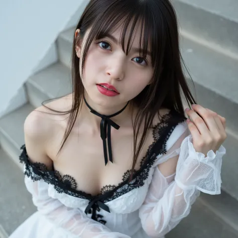 Facial close-up, asuka, a beautiful 21 year old woman with long hair and bangs, sat on the stone steps. Her skin is snow-white and her figure is slim. She has a perfect slim body with a beautiful face. She is of Japanese heritage with milky-white skin. She...