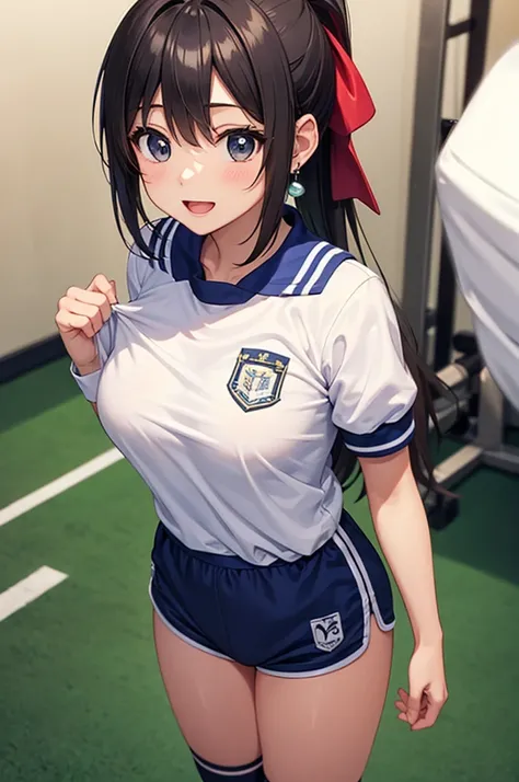 A beautiful girl in a gym uniform getting ready to do exercises, anime girl, 1girl, (20 years old girl), (aged up), schoolyard, a light skinned girl, ponytail, hairclip, hair ribbon, earrings, open mouth, smile, blush, glossy lips, big breasts, perfect bod...