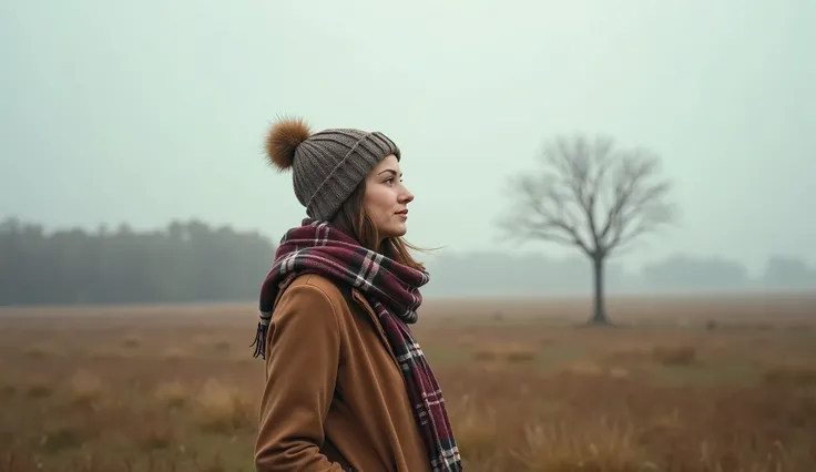 (photorealism:1.2), "A woman stands thoughtfully in an open, grassy landscape on a misty day, dressed warmly in a brown coat, a plaid scarf, and a knitted beanie. Her serene expression and side profile reflect quiet contemplation and spiritual reflection. ...