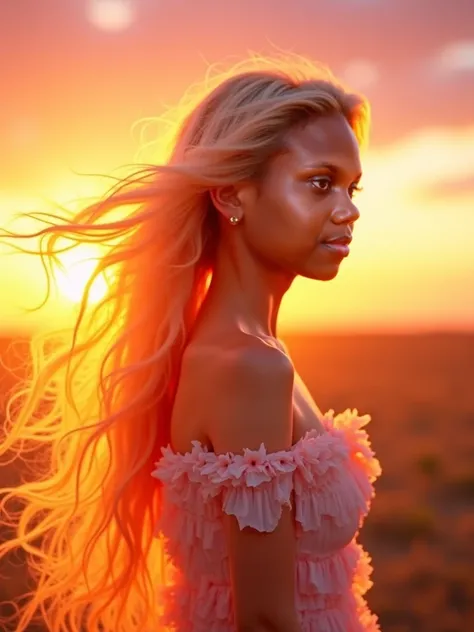 Has the most beautiful hair, background of sunset , the face glimmering