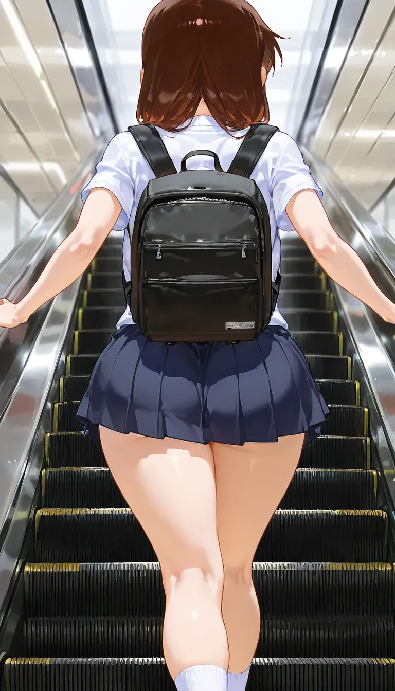 Anime girl riding an escalator with a backpack on her back,  Tiny Curvy Girl,   high school girl,, Fine details. Back view