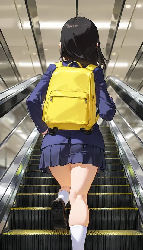 Anime girl riding an escalator with a backpack on her back,  Tiny Curvy Girl,   high school girl,, Fine details. Back view