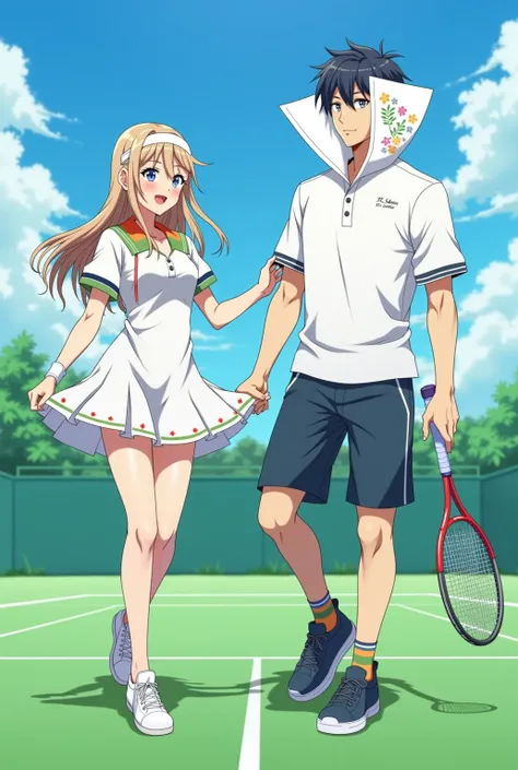 Anime, Lucina is wearing a Tennis Dress she is playing Tennis and holding up her skirt with her boyfriend he is wearing a Massive Popped Collar Polo with a collar so high it's taller than his head
