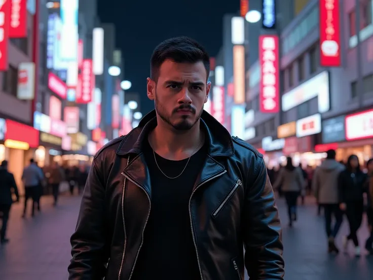  A very handsome man,  brown, Atlético fit ,  with short hair and beard .  Black leather jacket . Walk the streets of Tokyo.  Ultra-realistic. Neon lights . 