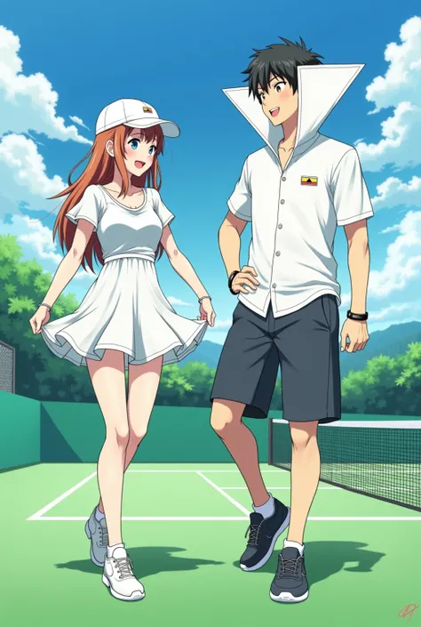 Anime, Lucina is wearing a Tennis Dress she is playing Tennis and holding up her skirt with her boyfriend he is wearing a Massive Popped Collar Polo with a collar so high it's taller than his head
