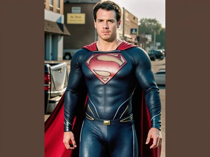  A very handsome man,  brown, Atlético fit ,  with short hair and beard . superman dress