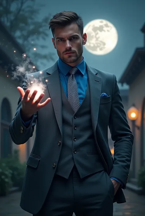 Handsome man dressed in an elegant gray suit with blue shirt and gray tie casting moon magic