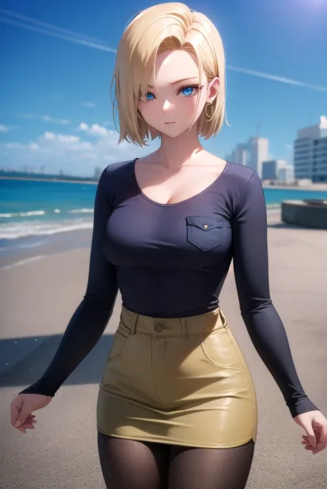 android18, android 18, blonde hair, blue eyes, eyelashes, hoop earrings, short hair, earrings,
BREAK belt, black pantyhose, black shirt, breast pocket, cleavage, collarbone, denim, denim skirt, high-waist skirt, jewelry, long sleeves, pocket, shirt, crop s...