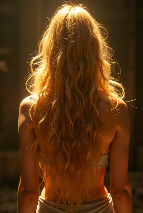 Golden hair! Image taken from the back of women. Realistic. Hair is in focus, and whole image. No face. No background. Style like gold top of the hair. intertwined.